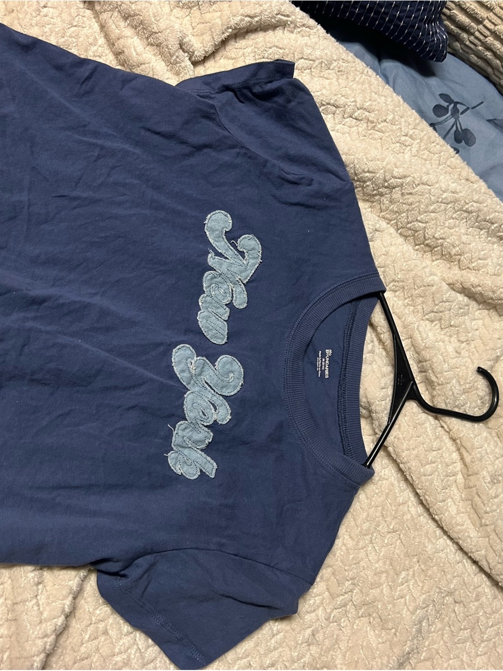 No Boundaries Navy Blue Graphic Crop Top with Light Blue Applique
